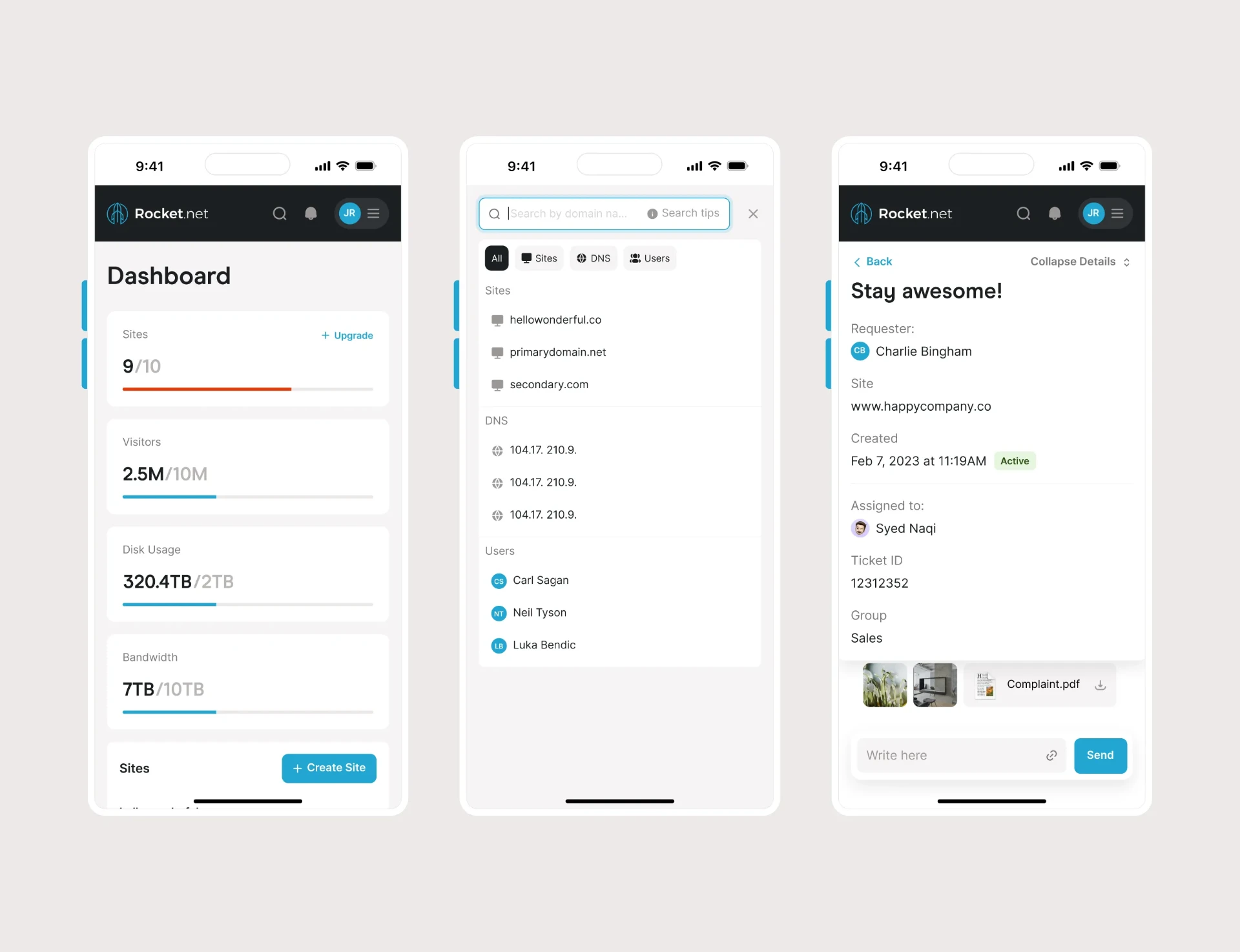 Rocket mobile dashboard screens