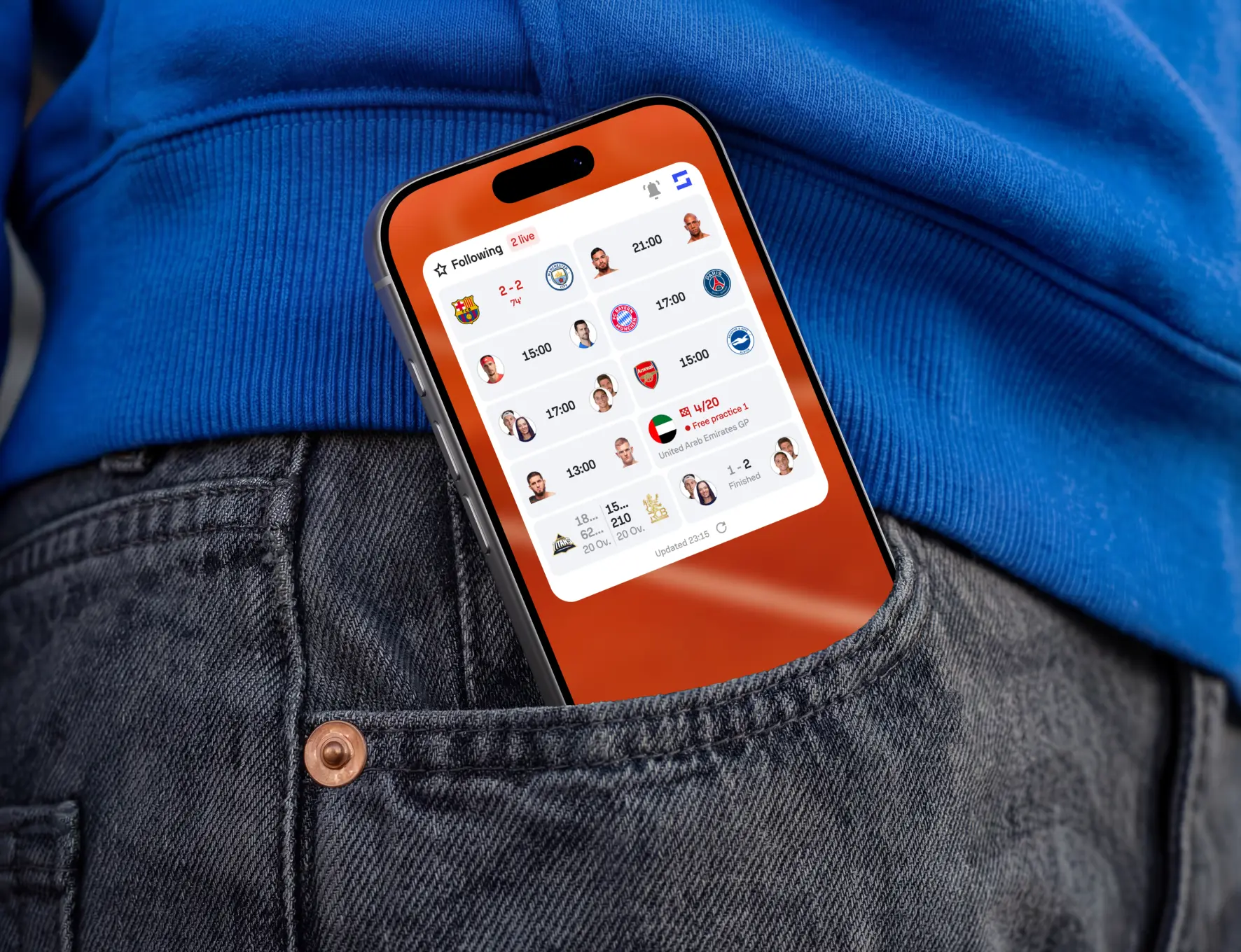 Sofascore app in a jeans pocket