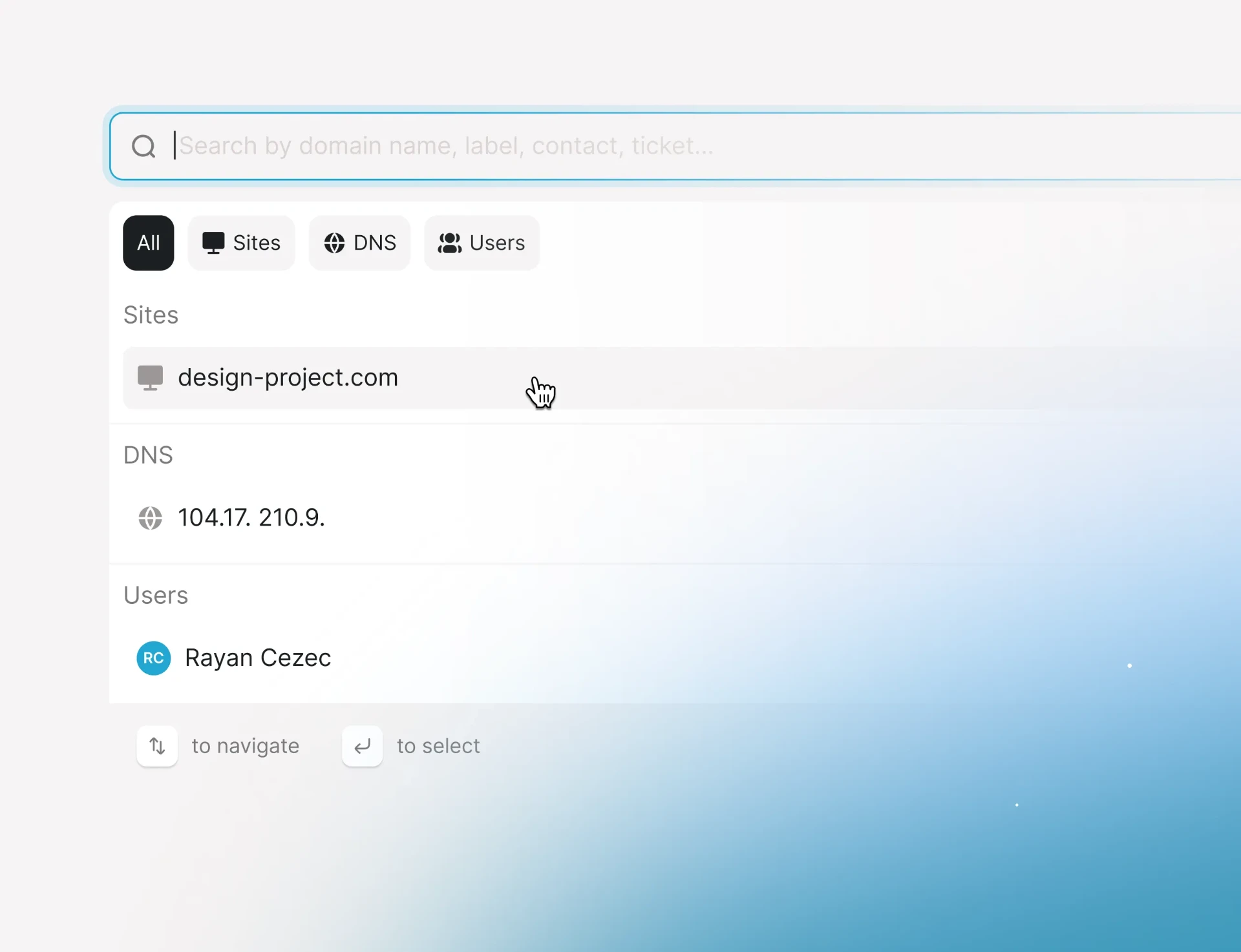 Rocket command search interface