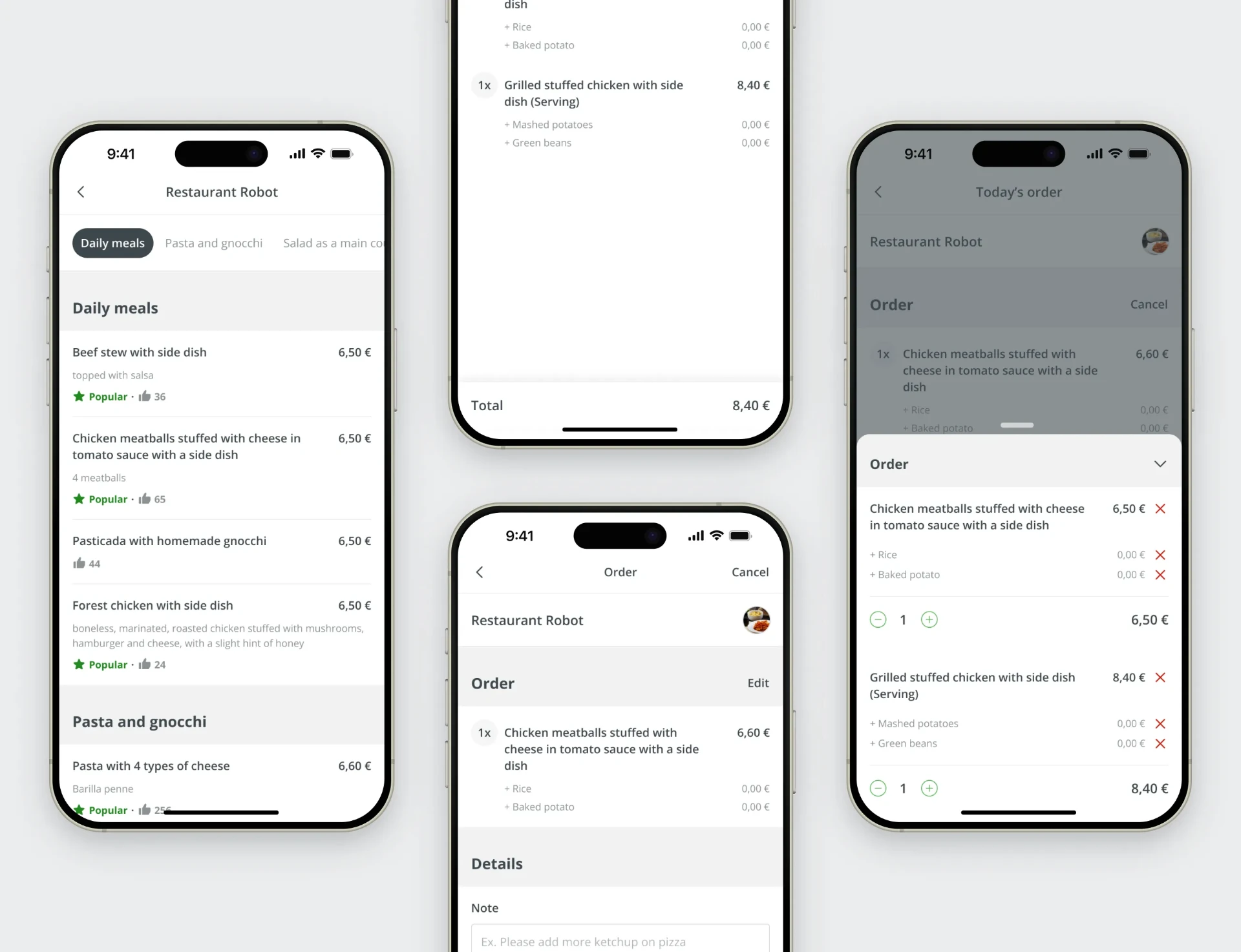 Dobar tek menu and order flow screens