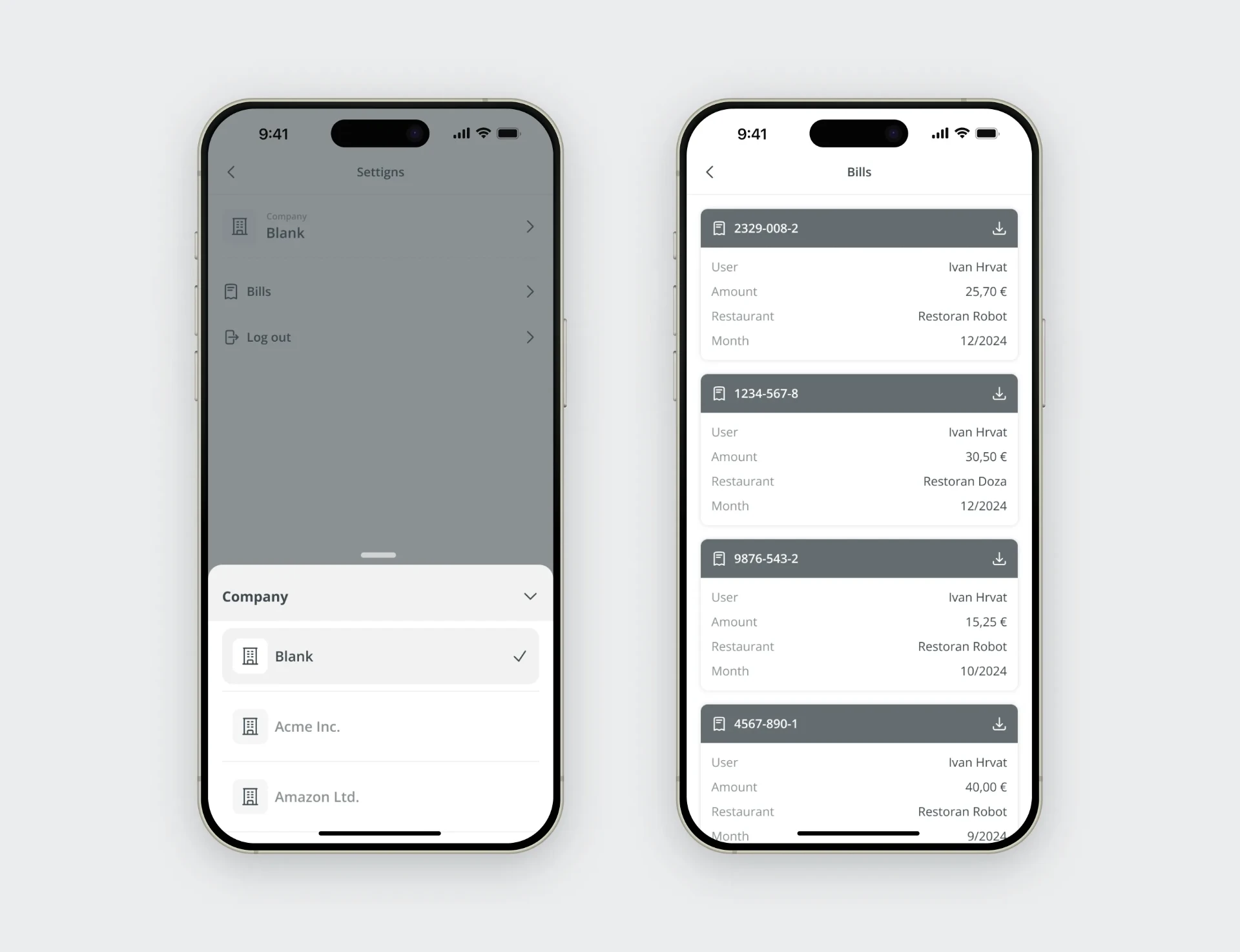 Dobar tek company selector and bills screens